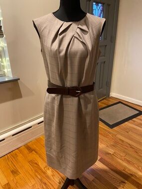Studio I Taupe Plaid Pleated Neck Sheath Dress